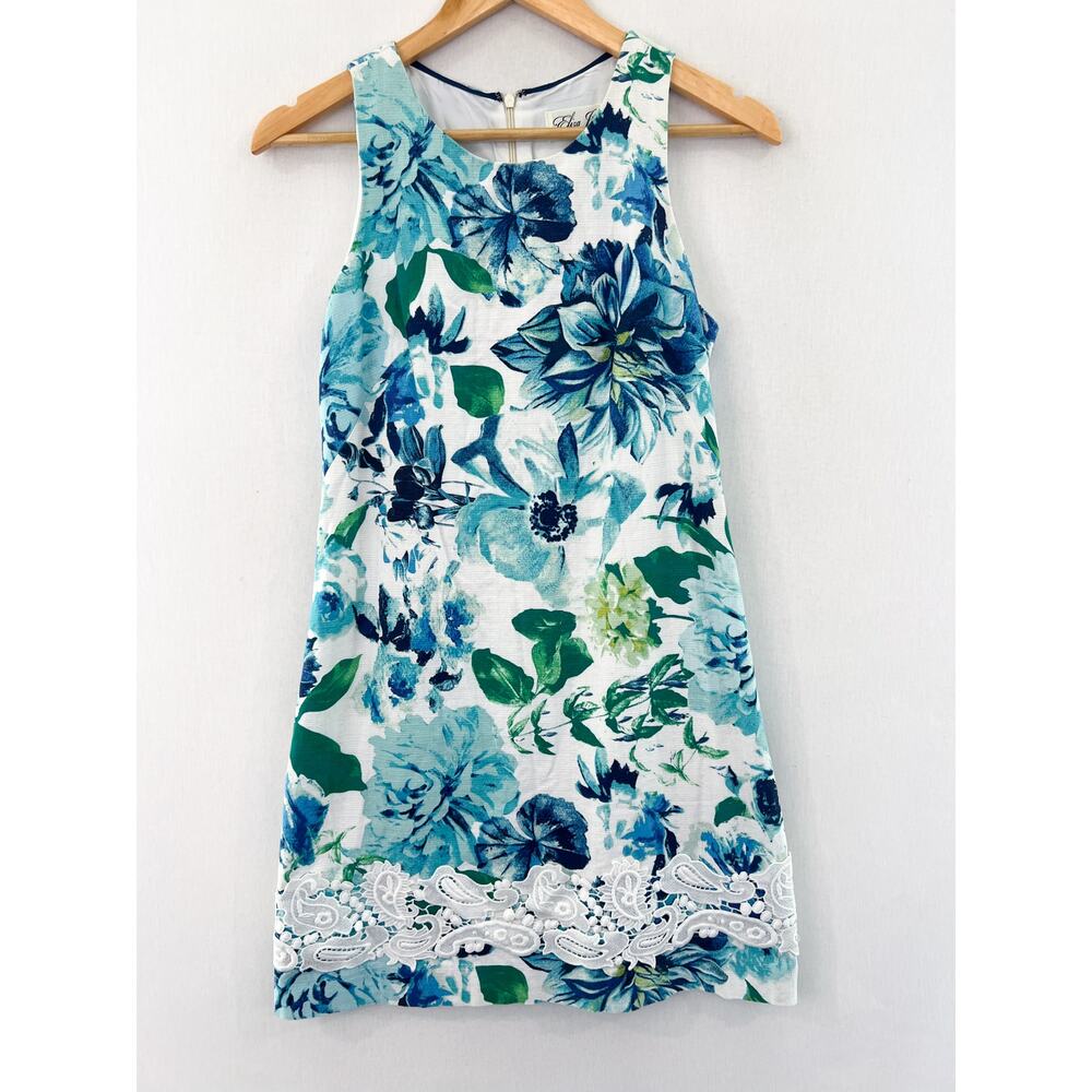 Eliza J Sleeveless Shift Dress 2 Blue Green Floral Watercolor Lace Applique